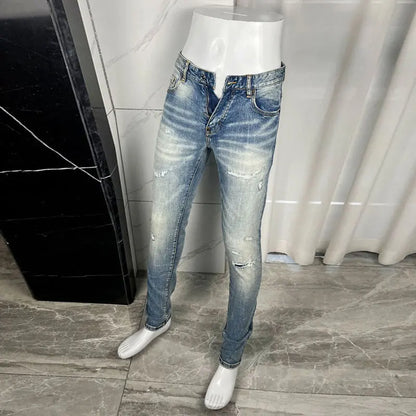 Fashionable new light blue men's jeans, elastic slim fit, washed with nostalgia, color distressed patch jeans, hip-hop brand pan