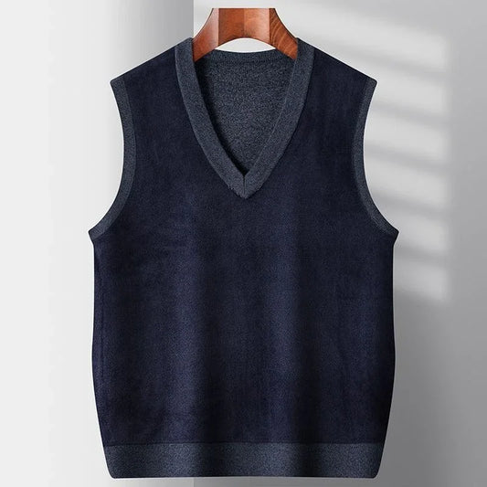 Korean Style Fashion High Quality Men's Argyle Knitted Vest Autumn Winter Fleece Lined Thickened Middle Aged Casual Waistcoat