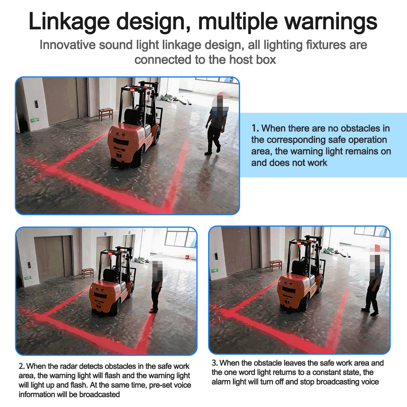 Carsanbo Forklift Area Radar Security Alert System with 3pcs Radar Warning Lights 1pcs Voice Flashing Alarm Light Magnetic Base