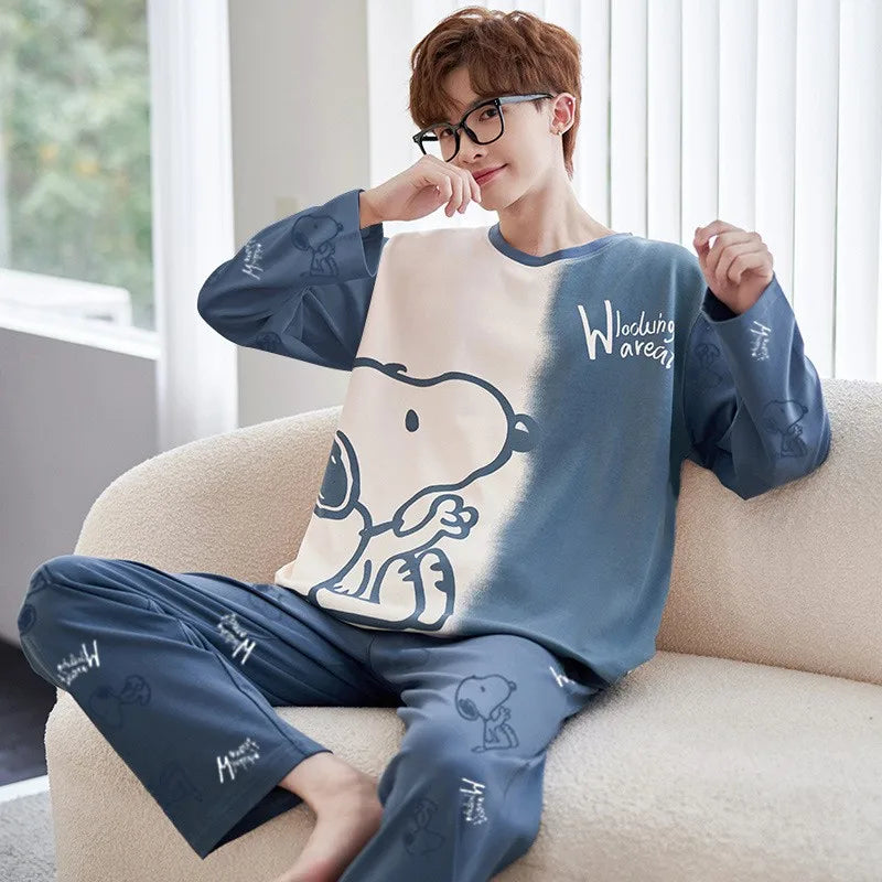 Men‘s Pajama Set Long Sleeve Black Striped Fall and Winter Youth Student Nightwear Loungewear Two Piece Set Sleepwear Homewear