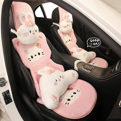 Hello Kitty Winter Plush Car Cushion Cover Cute Pink Warm Cartoon Women's Universal Warmth Seat Covers Auto Seat Accessories