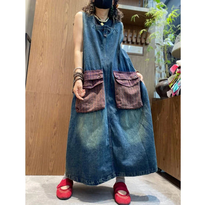 Color-blocked Large Pocket Denim Dress Women Sleeveless Suspender Tank Dress XY326