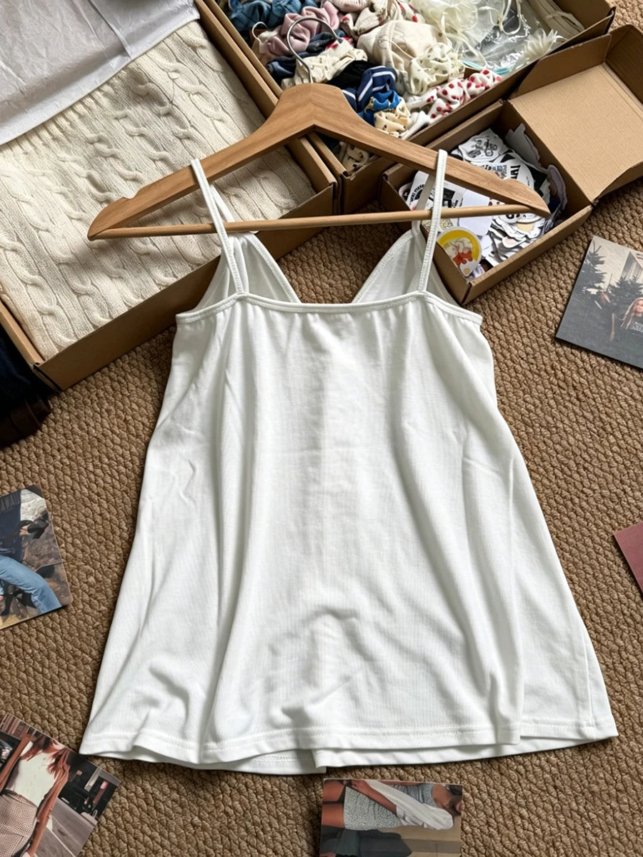 Sweet Lace-up Camisole Women Summer Streetwear Simple Basic Deep V-neck Sleeveless Vests Vintage Cute Cotton Tank Tops Y2K