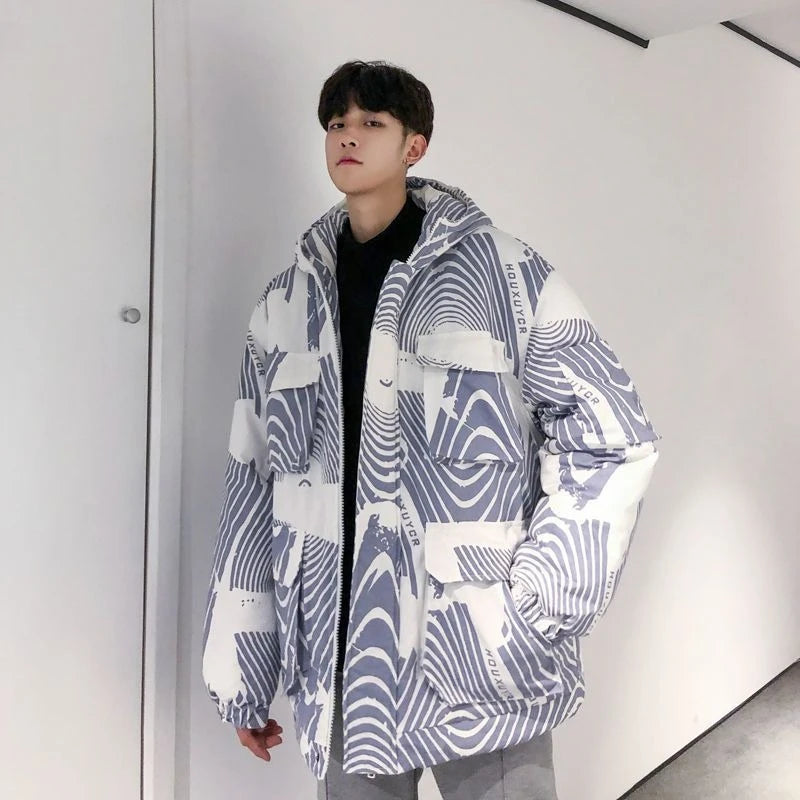 Trending on Instagram Winter Parka for Men Korean Loose Fit Cotton Coat with Traditional Chinese Blue White Print