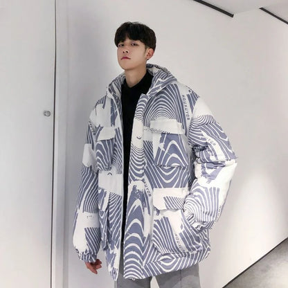 Trending on Instagram Winter Parka for Men Korean Loose Fit Cotton Coat with Traditional Chinese Blue White Print