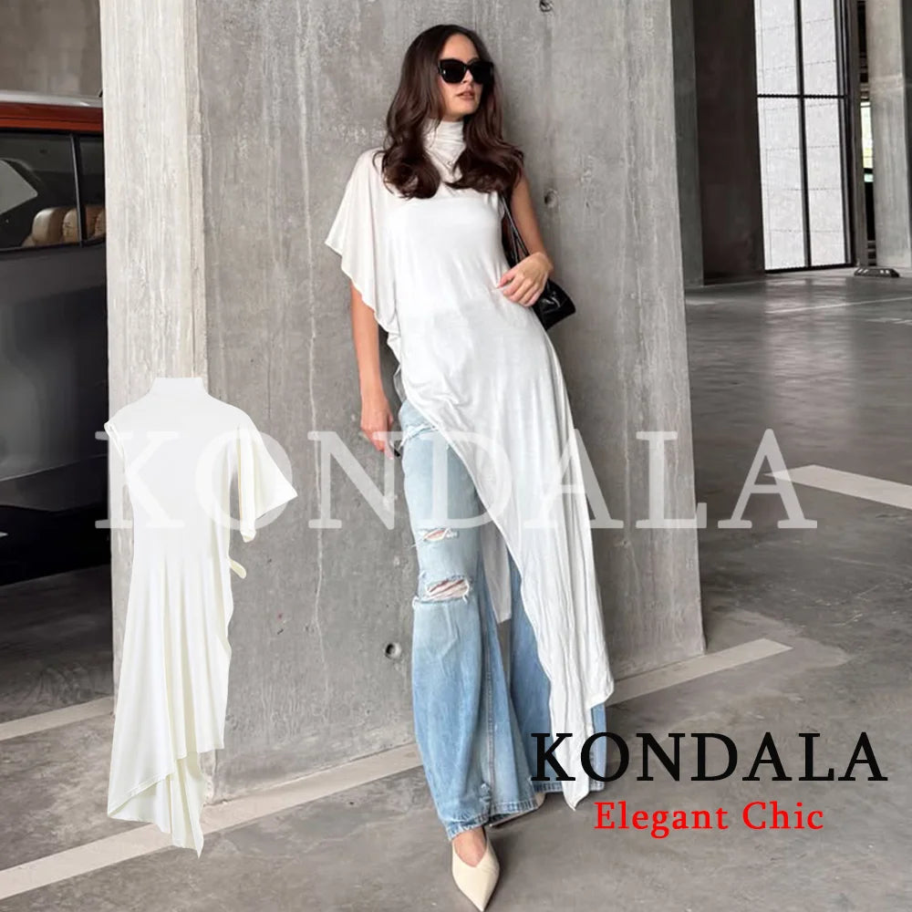 KONDALA Unique Chic Asymmetrical Hem Tops Women Elegant High Neck Long Tops 2026 Spring Summer Trendy High Street Lady Long Tops