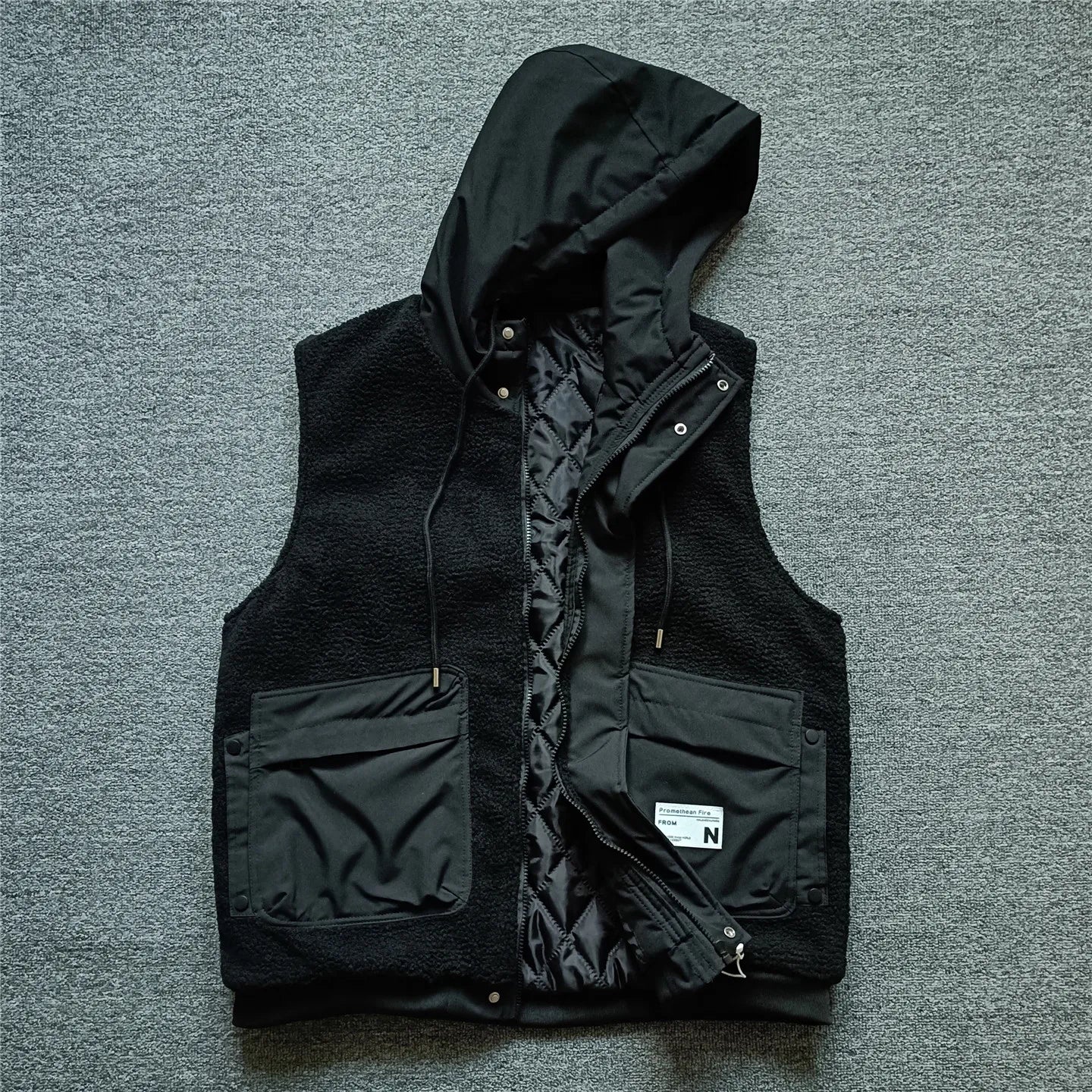 Warmth And Style Men's Autumn Winter Lamb Velvet Hooded Vest Jacket Casual Handsome Shoulder Bared Zipper Workwear Cotton Vest