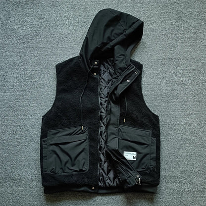 Warmth And Style Men's Autumn Winter Lamb Velvet Hooded Vest Jacket Casual Handsome Shoulder Bared Zipper Workwear Cotton Vest