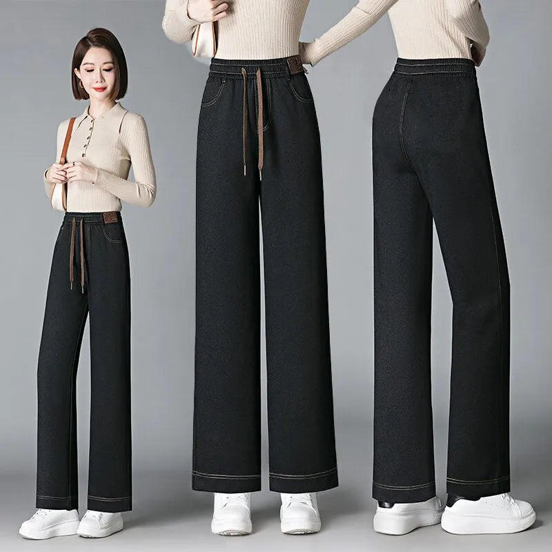 High Waist Fleece Lined Thick Wide Leg Jeans Women's Casual Straight Leg Pants Autumn Winter Loose Fit Comfortable Trousers