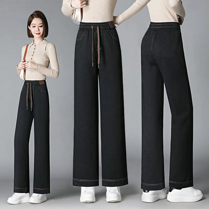 High Waist Fleece Lined Thick Wide Leg Jeans Women's Casual Straight Leg Pants Autumn Winter Loose Fit Comfortable Trousers