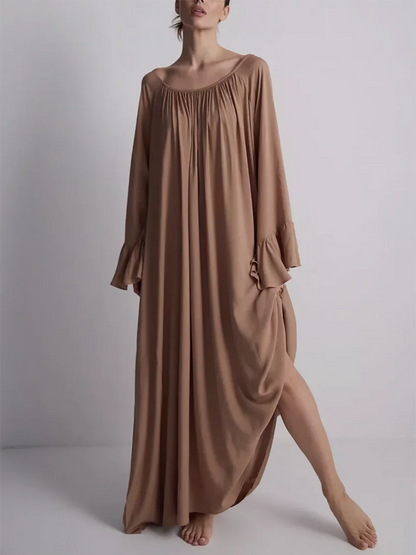 Parc Fee Casual Loose White Women Dress 2025 Elegant U-Neck Long Sleeve Floor-Length Dresses Simple Oversize Solid Female Dress
