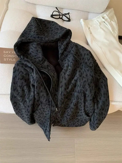 plus Size Women's Hooded Fleece Lined Thickened Cardigan Coat Leopard Print Warm Sweatshirt Loose Fit Autumn Winter Outerwear