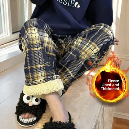 Lamb Velvet Fce Lined Thi Plaid Casual Pants Women's Autumn Winter Loose Straight Leg Wide Leg Cotton Spwear Trousers