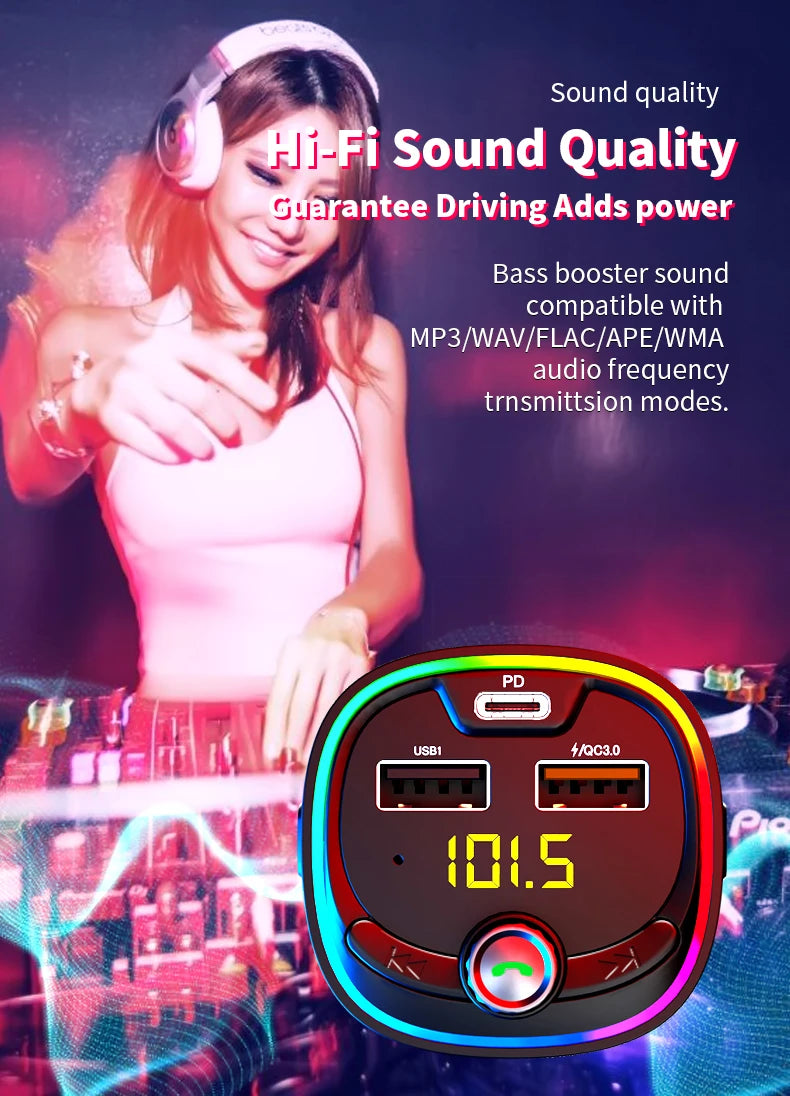 Car FM transmitter, wireless 5.0 QC3.0 & PD 18W USB-C car charger, RGB backlit car receiver, supports hands-free calls, Siri Goo