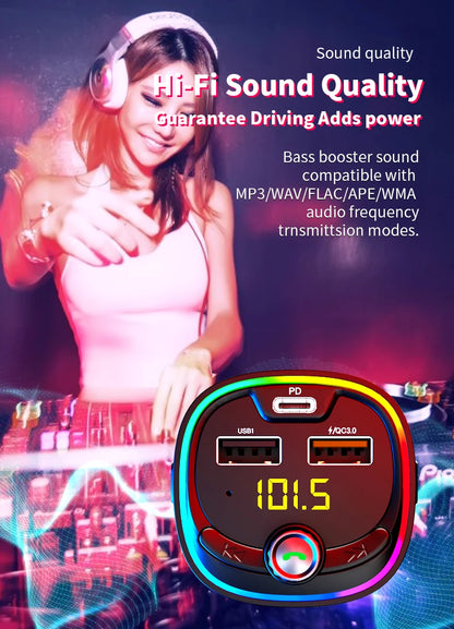 Car FM transmitter, wireless 5.0 QC3.0 & PD 18W USB-C car charger, RGB backlit car receiver, supports hands-free calls, Siri Goo