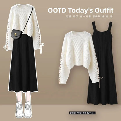 plus Size Autumn Winter Knitted Sweater Dress Set Women's High End Fashion Slimming Two Piece Suit Commute Style Long Sleeve ...