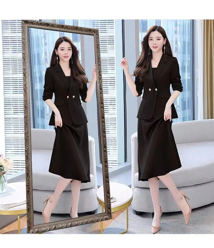 plus Size Women's Dress Suit Set Sleeveless Long Dress with Jacket Autumn Fashion Slimming Two-Piece Set High Waist Korean Style