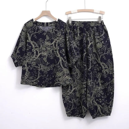 New Summer Floral Print Midi Sleeve Cotton Linen Loose Women's Two-Piece Set Ethnic Style Mom Clothes Comfortable Breathable