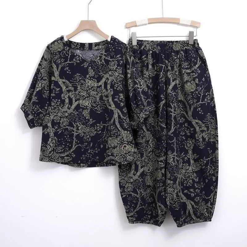 New Summer Floral Print Midi Sleeve Cotton Linen Loose Women's Two-Piece Set Ethnic Style Mom Clothes Comfortable Breathable