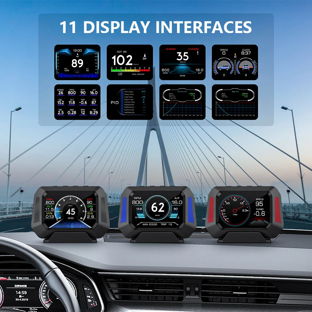 Head up Display OBD + GPS Car Water Temperature Turbo Oil Temperature Multi-function Meter LCD Display Automotive Speed Alarm