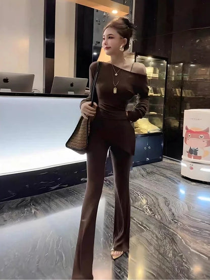 Elegant Pure Desire Style Long Sleeve T-Shirt Set for Women Casual High Waist Pants Slimming Loose Fit Spring Autumn Wear
