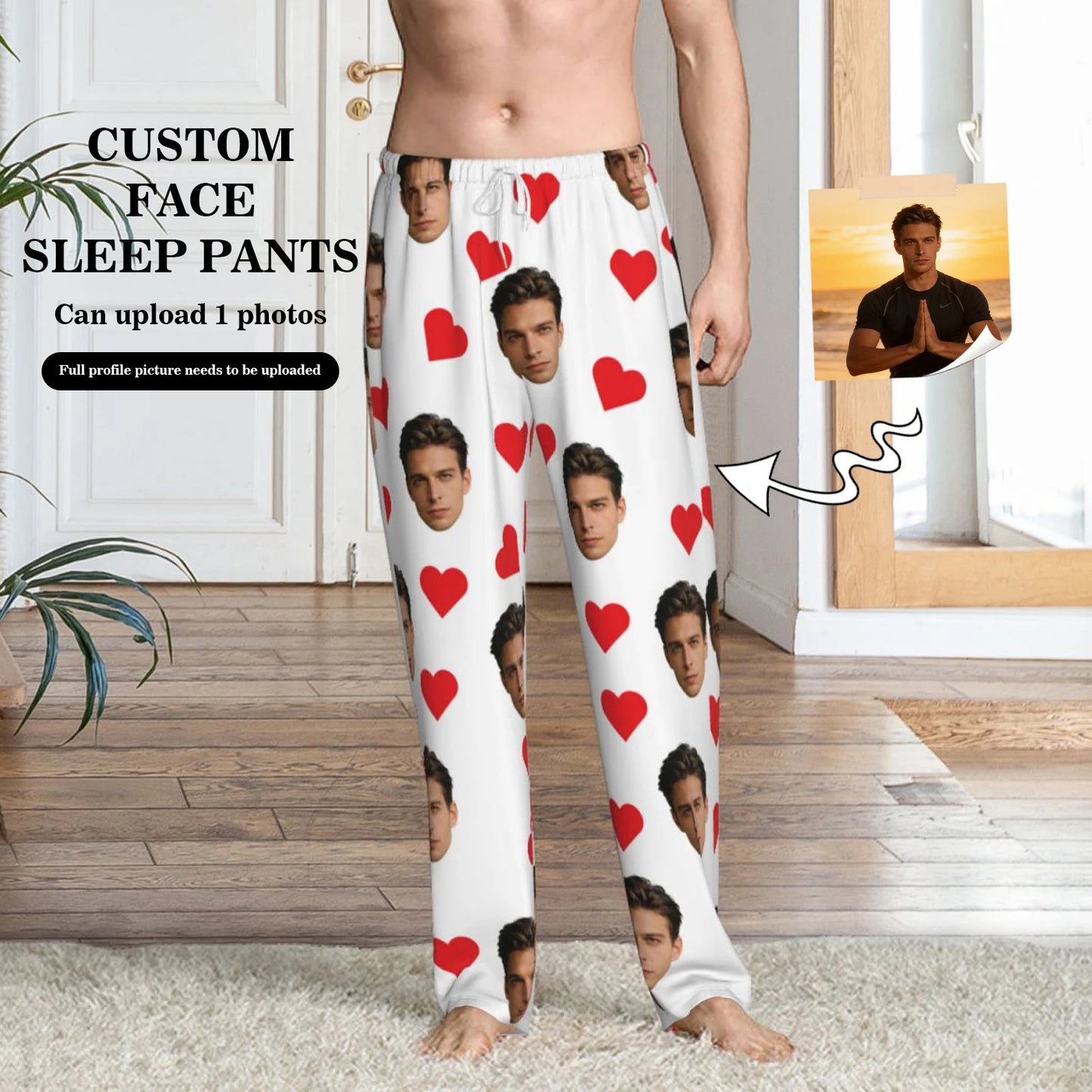 Customized sleeping pants with personalized facial photos long sleeved warm sleeping pants for both men and women  fun Christmas