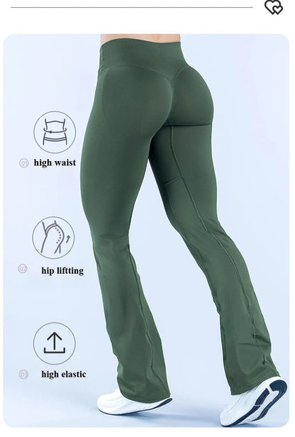 Seamless Flares Women Gym Fashion Yoga High Elastic Flared Pants Waist Cross Seamless Sports Leggings Fitness Wide-leg Trousers