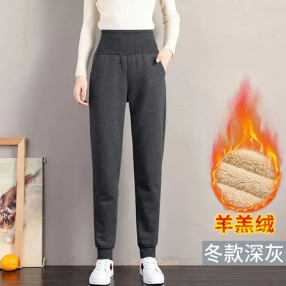 plus Size Fleece Lined Thickened Lamb Velvet Casual Slim Fit Pants Winter New Loose Warm Slimming Straight Leg Sweatpants