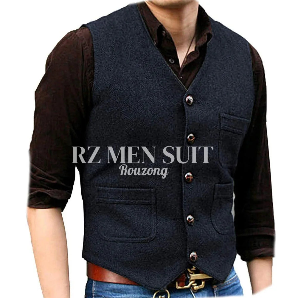 Mens Vintage Tweed Suit Vest V Neck Casual Wool Waistcoat for Wedding Groomsmen chaleco hombre