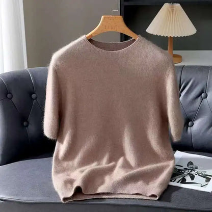 Spring Autumn 100% Mink Cashmere Short Sleeve Men's T-Shirt Loose O-Neck Solid Color Knit Sweater Casual Business Base Pullover