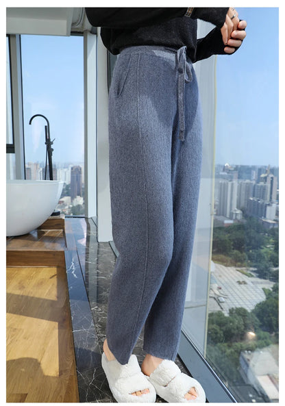 100% mink wool knitted high-waisted pencil pants women's casual autumn and winter new warm solid color thick cashmere pants