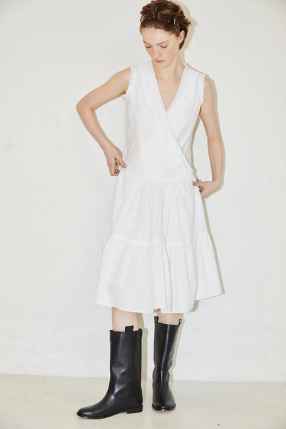 FARVEV Women's Casual Gored Skirt Dress V-neck Sleeveless Pleated Waist-cinched Midi Dress Cotton Spring Autumn Winter