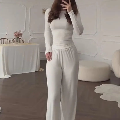 Women's Fashionable round Neck Long Sleeve Elastic Waist Pants Set Casual Style Two-Piece Suit Autumn Collection Trendy Outfit