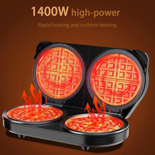 Double Waffle Maker 6 Inch, 1400W Belgian Waffle Maker for Breakfast and Snacks