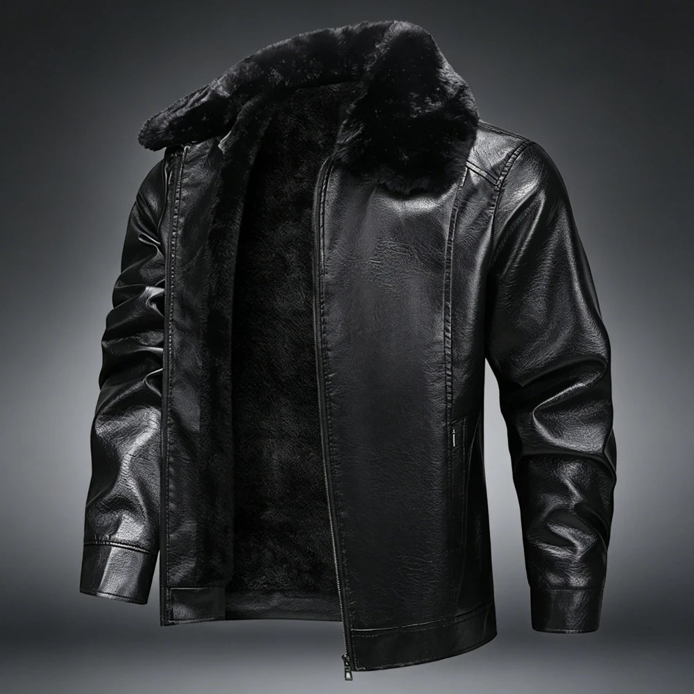 Fur Collar Men Faux Leather Jacket Winter Fleece Lined Biker Jackets Fashion Motorcycle Leather Coat Outwear Casual Streetwear