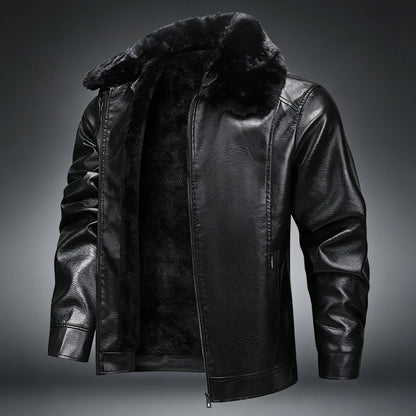 Fur Collar Men Faux Leather Jacket Winter Fleece Lined Biker Jackets Fashion Motorcycle Leather Coat Outwear Casual Streetwear