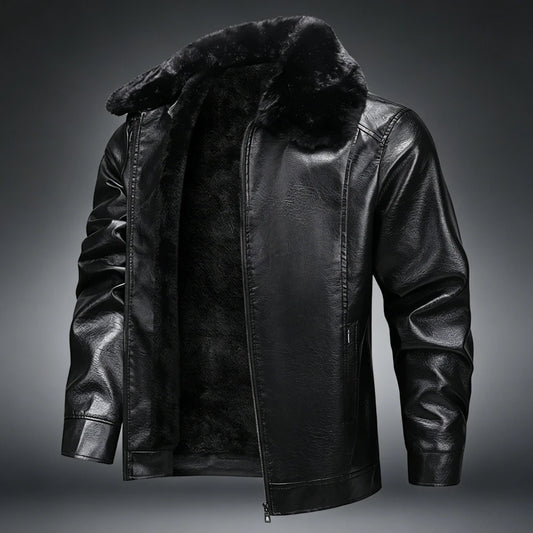 Fur Collar Men Faux Leather Jacket Winter Fleece Lined Biker Jackets Fashion Motorcycle Leather Coat Outwear Casual Streetwear