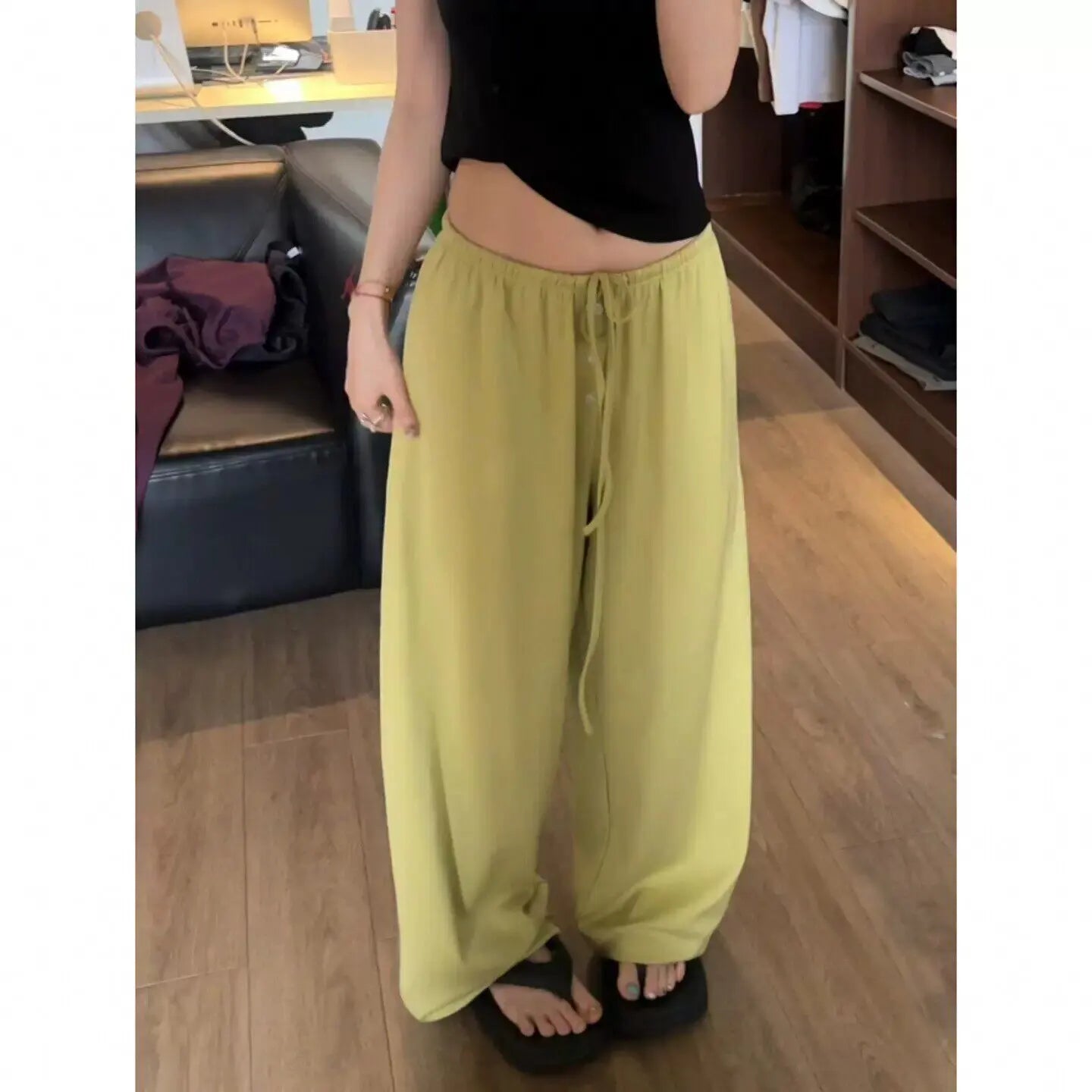Ice Silk Quick Dry Wide Leg Pants Women Summer Thin Loose Casual Drape Straight Tube Leisure Walking Pants High Waist Elastic