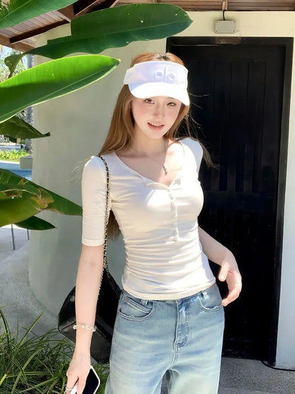 Slim Fit Henry Collar mid Sleeve T-Shirt Women Summer New Style Casual Wear High Waist Design Half Sleeve Top for Young Girls