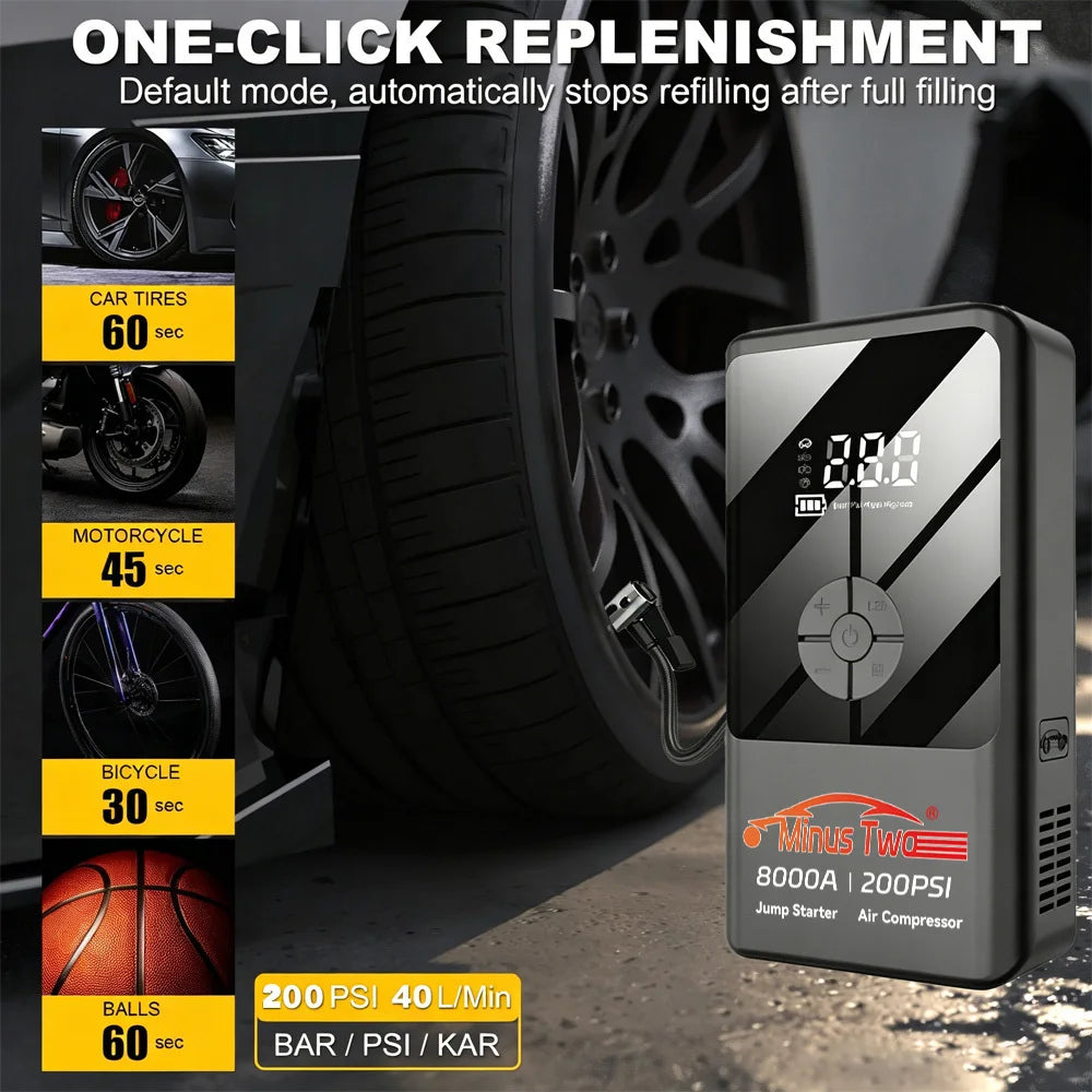 Car Jump Starter with Air Compressor Peak 2000A Auto Battery Booster 150PSI Air Pump Portable Power Bank Tire Inflator Lighting