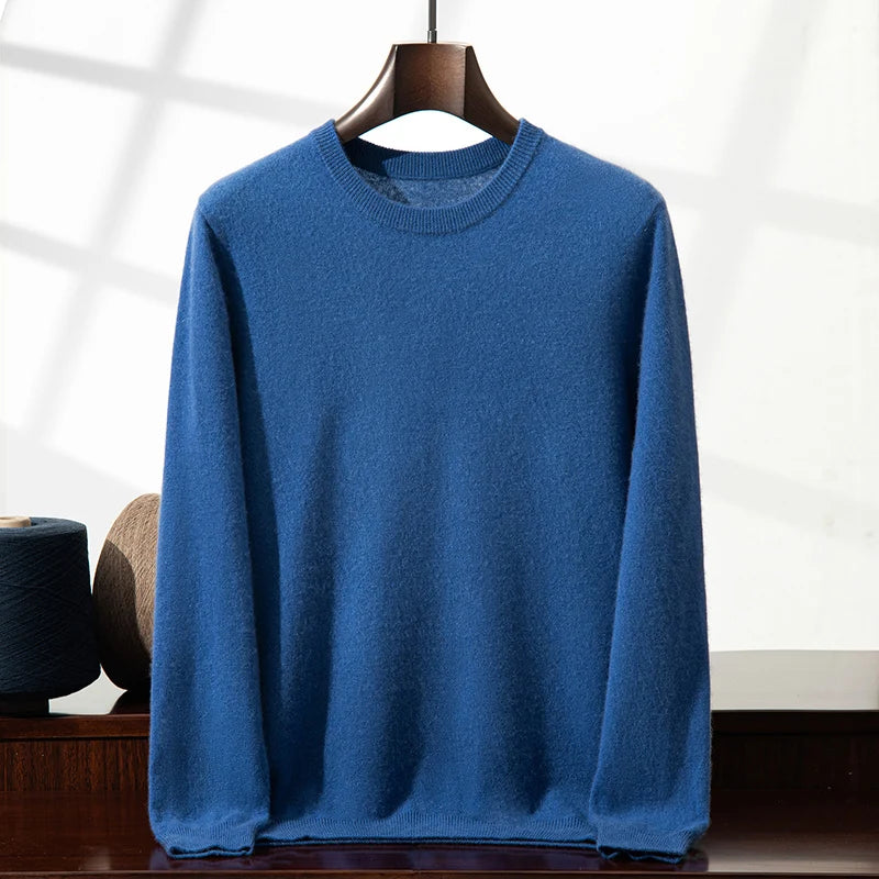 100% Cashmere Men's Pullover Business Casual Solid Knitted Sweater Loose Pull Round Neck Collar Tops Basic Versatile Jumper
