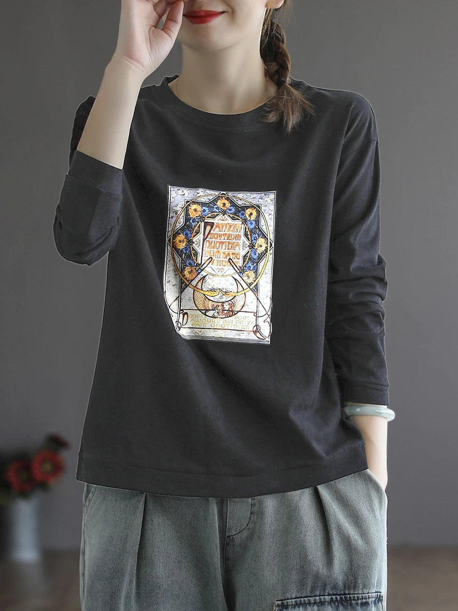 Retro Star Moon Pure Cotton Long Sleeve Pink Anti-Aging T-Shirt Women Loose Fashionable Spring Autumn Ladies Base Shirt Top