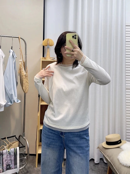 Spring New plus Size round Neck Mesh Splice Loose Long Sleeve Base Shirt Women Fat MM Slimming Belly Cover Simple T-shirt