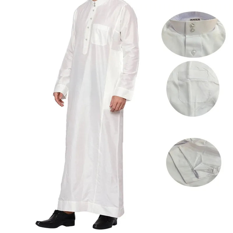 Qatar Stand Collar Mens Thobe Robe Polyester Pocket Design Arab Middle East Dubai Travel Clothing Lightweight Cultural Look