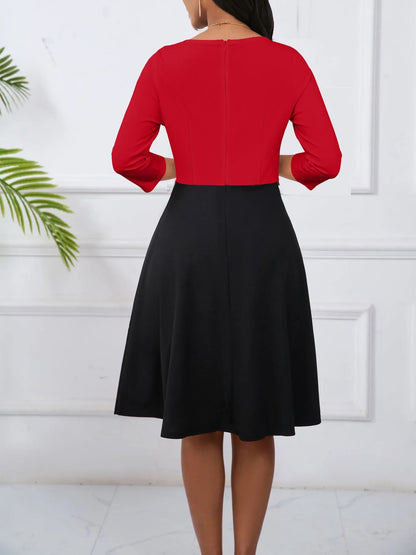 Womens Elegant Front Zipper Work Office A-Line Colorblock Business Casual Party Slim Fit And Flare Church Dress