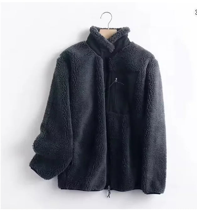 Unisex American Style Bata Fleece Jacket Stand Collar Lamb Velvet Polyester Fiber Outdoor Sport Hiking Thickened Autumn Winte...