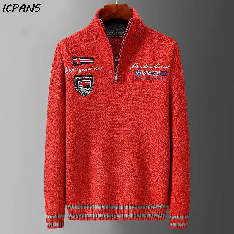 Autumn Sweater Male Shark Clothing Cotton Wool Jumpers Pullover Coats Jacquard Christmas Knitted Half Turtleneck zip