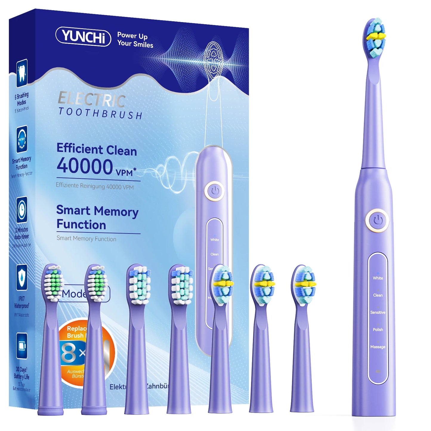 YUNCHi Sonic Electric Toothbrush USB Charger Tooth Cleaner 8 pcs Replacement Brush Heads 30 Days Long Battery Life 5 Modes Y5