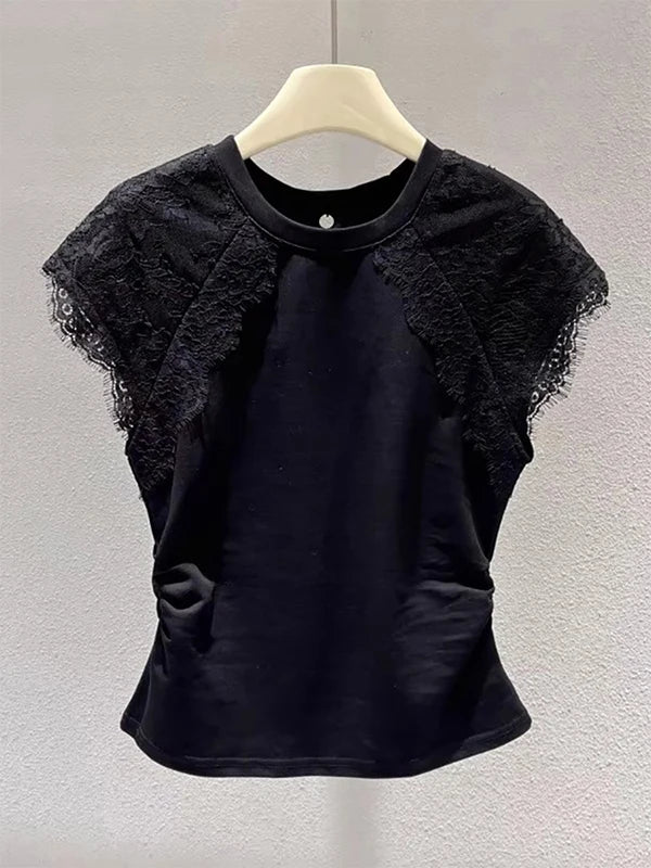 Retro Black Lace Mesh Short Sleeve Top Women Summer Fly Sleeve Short T-Shirt Outlet Store Printed Slim Fit Cotton Polyester