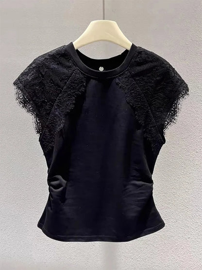 Retro Black Lace Mesh Short Sleeve Top Women Summer Fly Sleeve Short T-Shirt Outlet Store Printed Slim Fit Cotton Polyester
